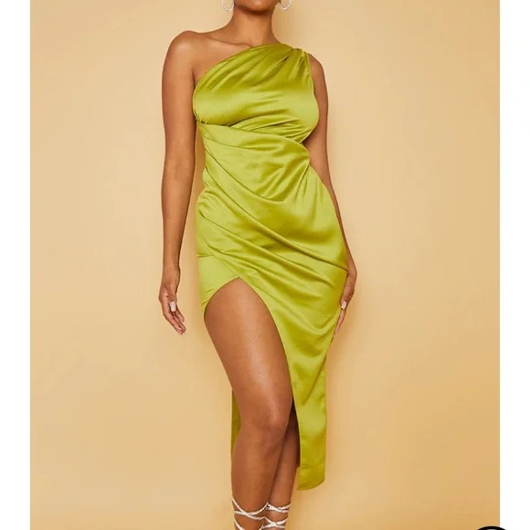 knee length dresses for ladies Olive Satin Halter Neck Side Split Midi Dress – AX Paris